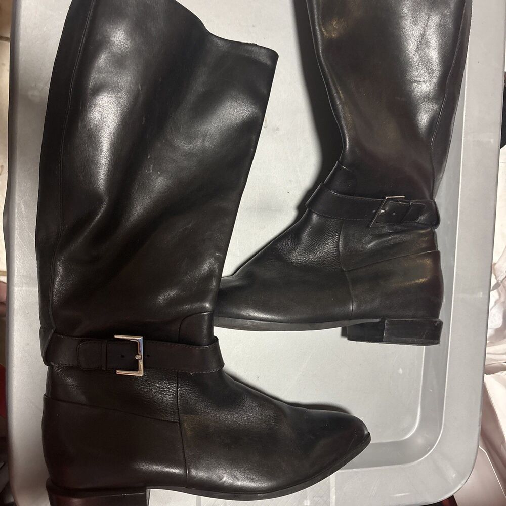 Nine West Diablo Black Leather Zip Up Buckle Knee High Riding Boots 9 - Picture 1 of 12